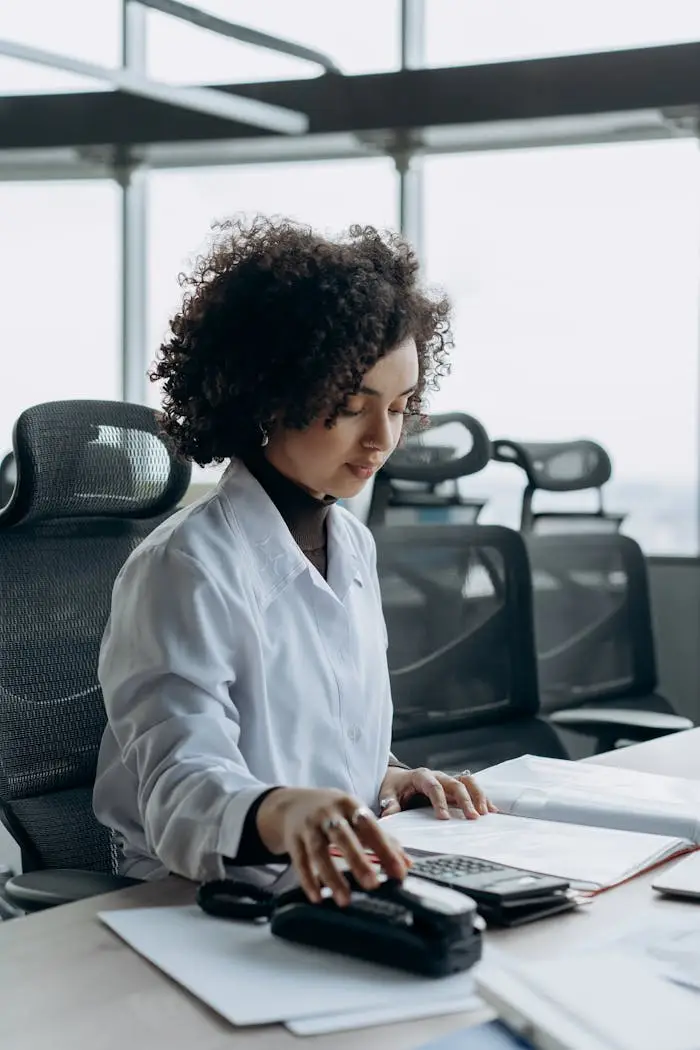 Young woman with curly hair working at a modern office desk, calculating numbers with focus.